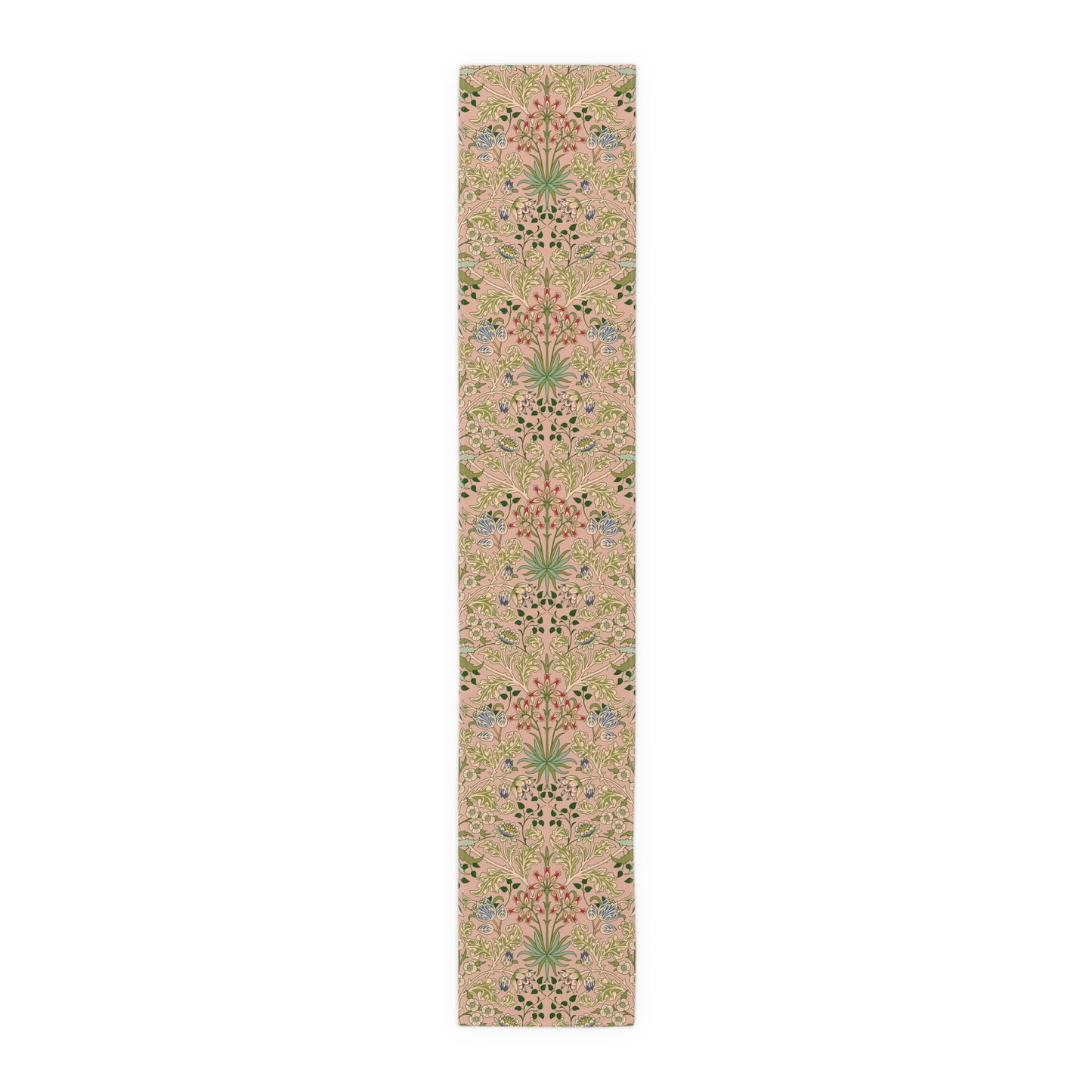 A floral patterned table runner inspired by William Morris' work, displayed on a dining table.