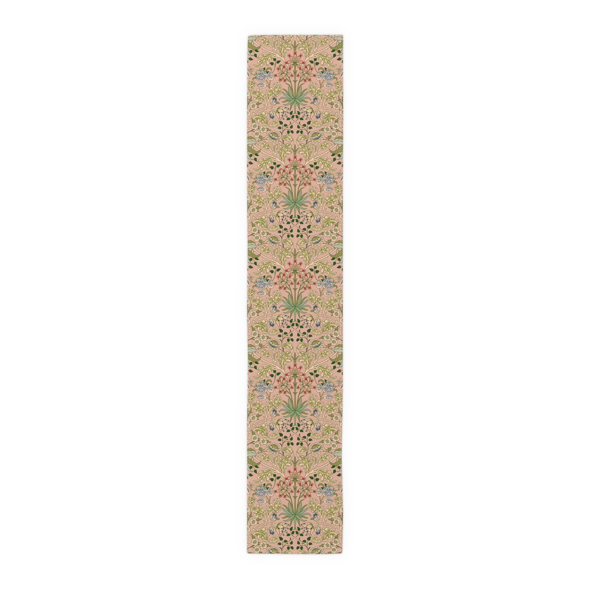 A floral patterned table runner inspired by William Morris' work, displayed on a dining table.