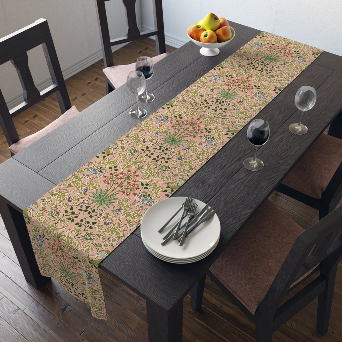 A floral patterned table runner inspired by William Morris' work, displayed on a dining table.