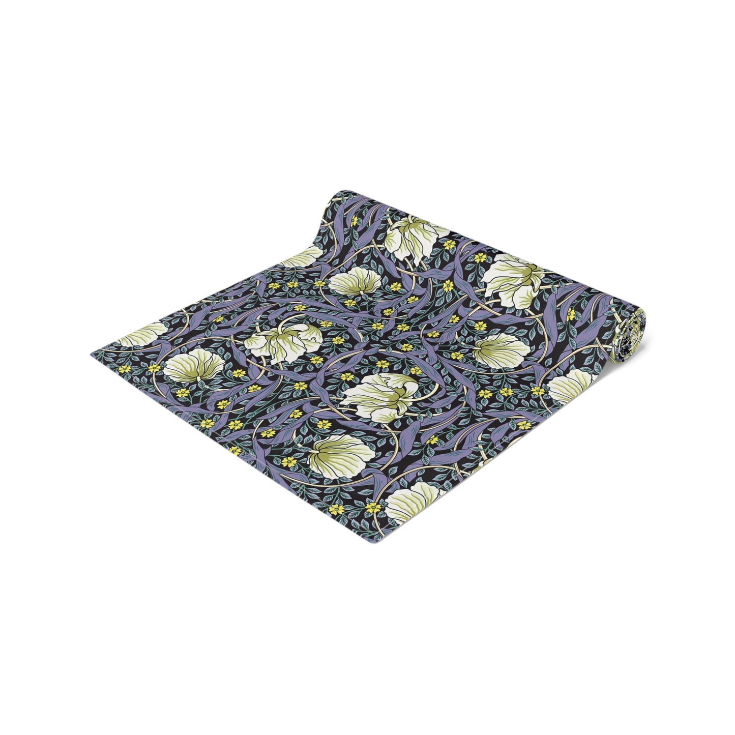 A table runner with a floral William Morris & Co pattern in shades of purple and green laid out on a dining table.