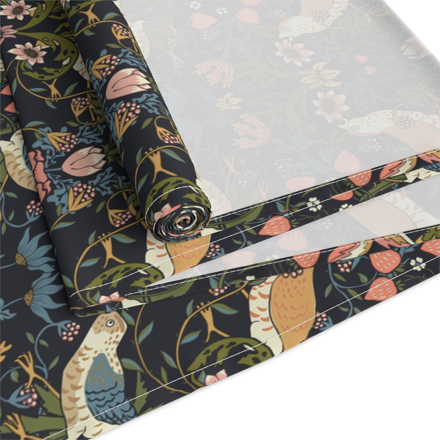 Floral wrapping paper with birds and leaves on a dark background.