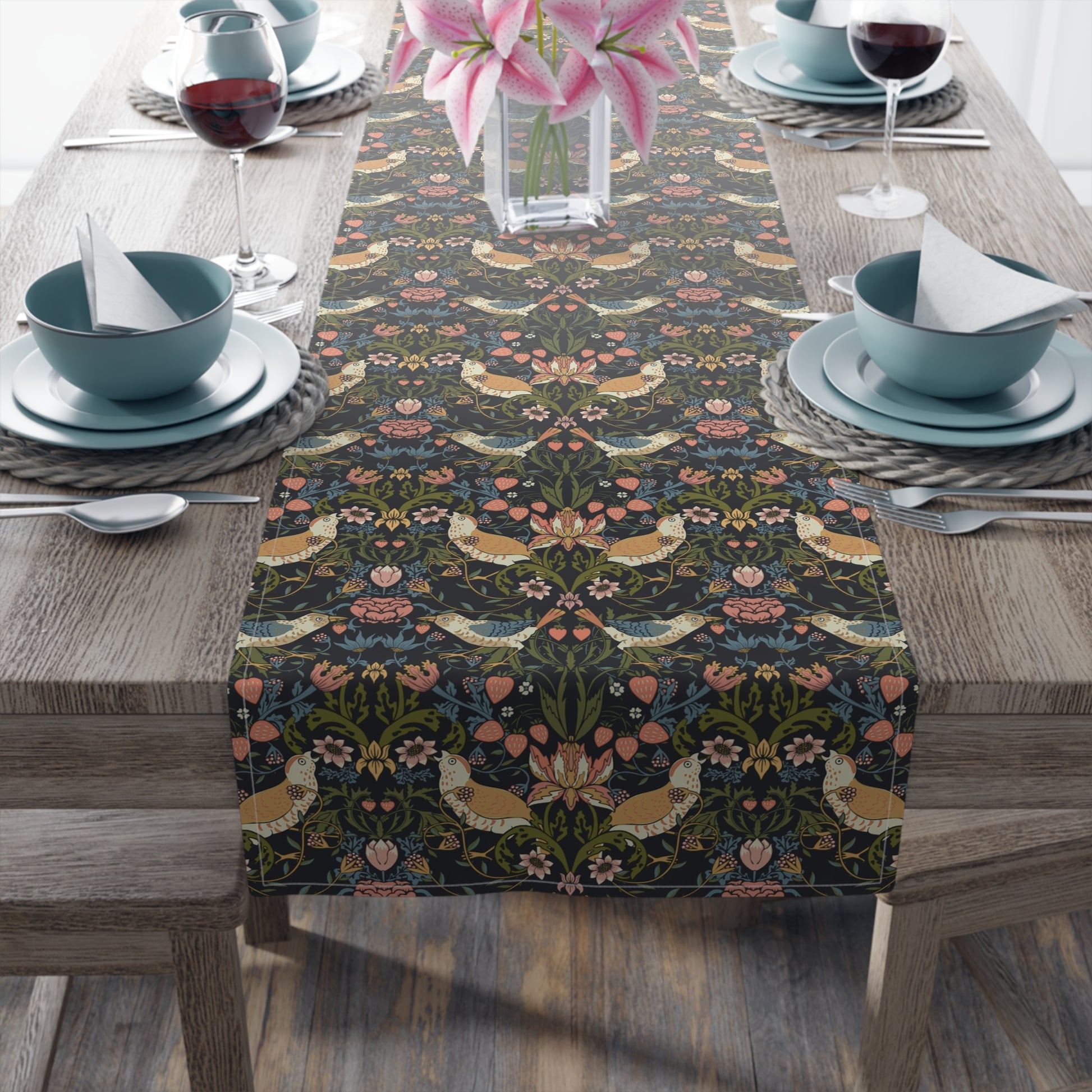 Dining table with a decorative table runner featuring floral and chicken pattern.