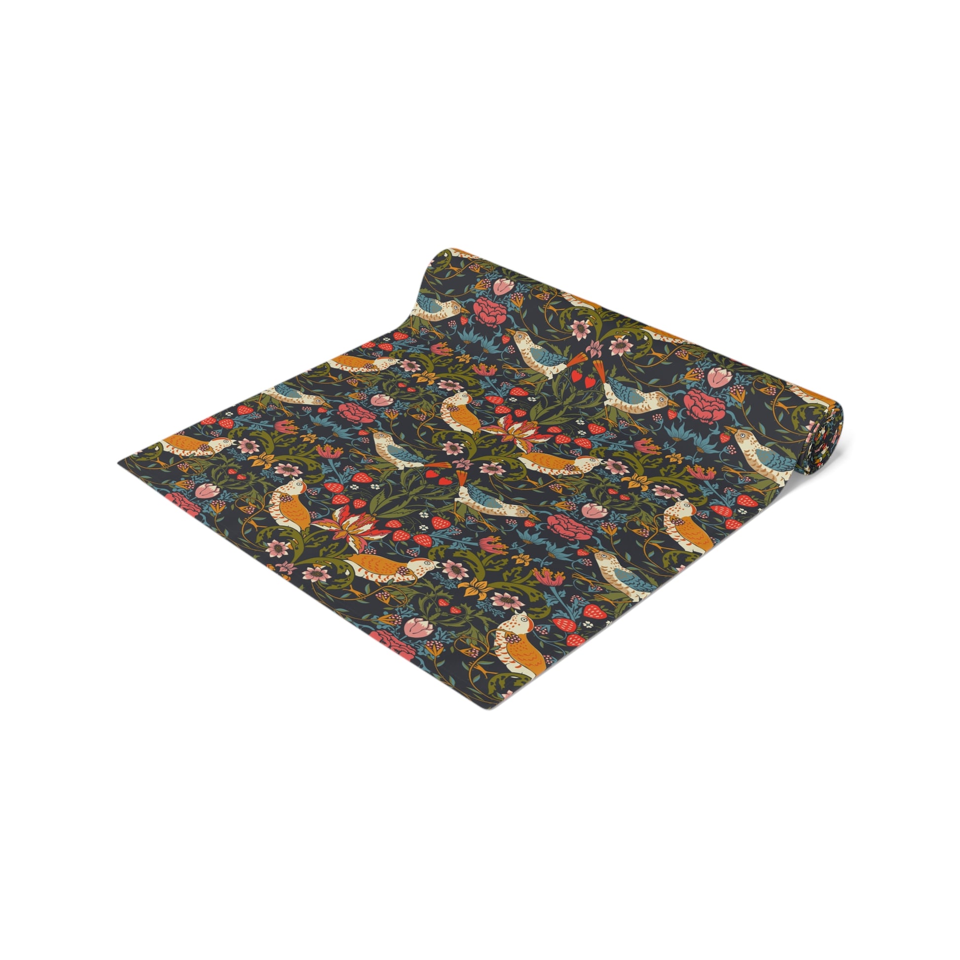 Rolled-up mat with bird and floral pattern on a white background