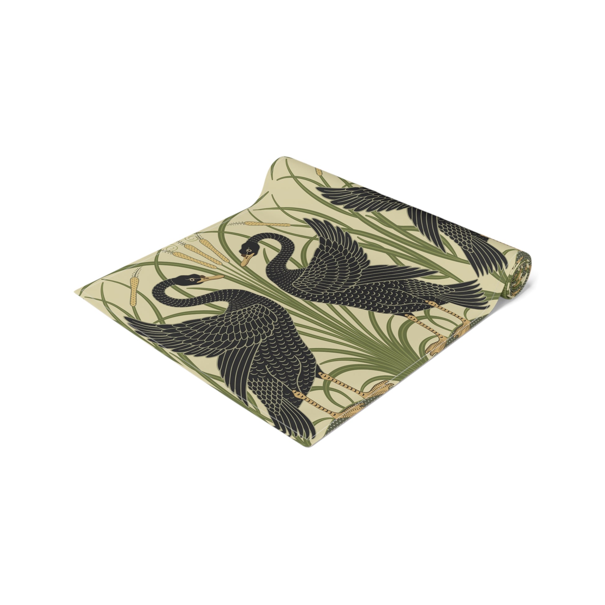 Table setting with a decorative table runner inspired by William Morris & Co featuring black swans on a tan coloured background.