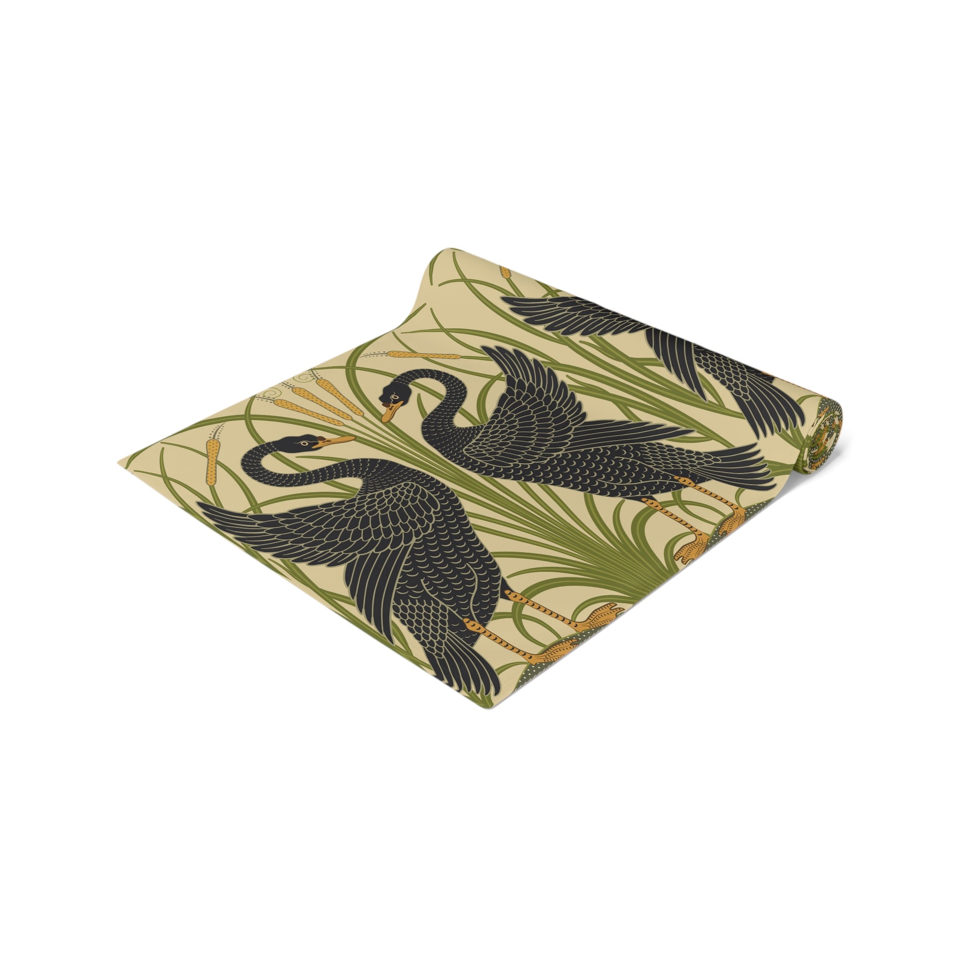 Table setting with a decorative table runner inspired by William Morris & Co featuring black swans on a tan coloured background.