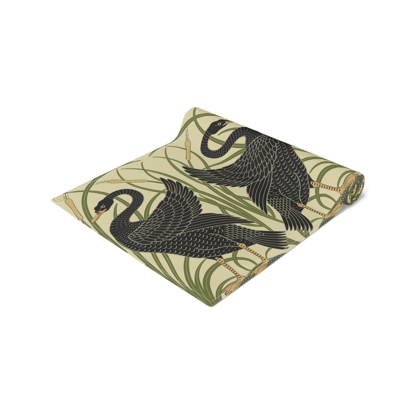 Table setting with a decorative table runner inspired by William Morris & Co featuring black swans on a tan coloured background.