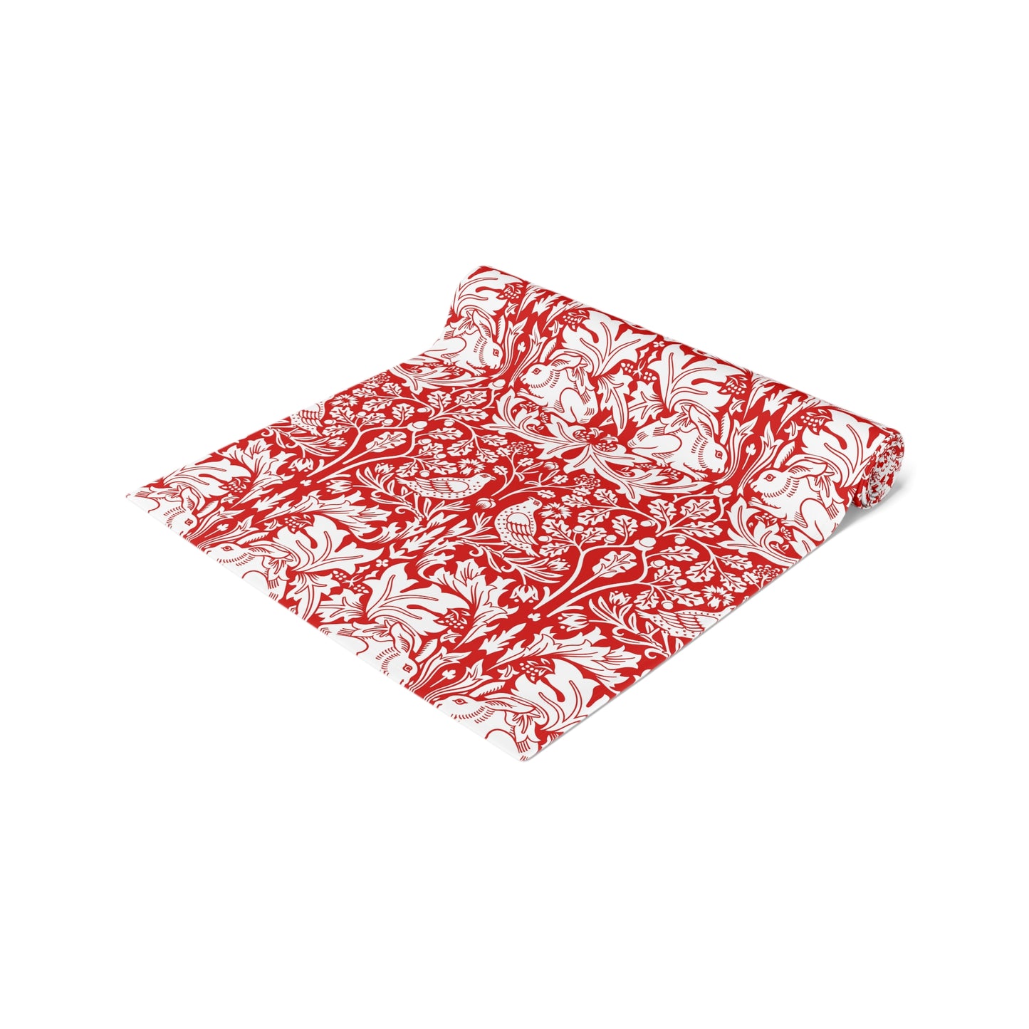 Red and white floral patterned fabric on a white background