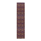 A multicolored table runner with a floral and William Morris & Co animal pattern displayed on a dining table.