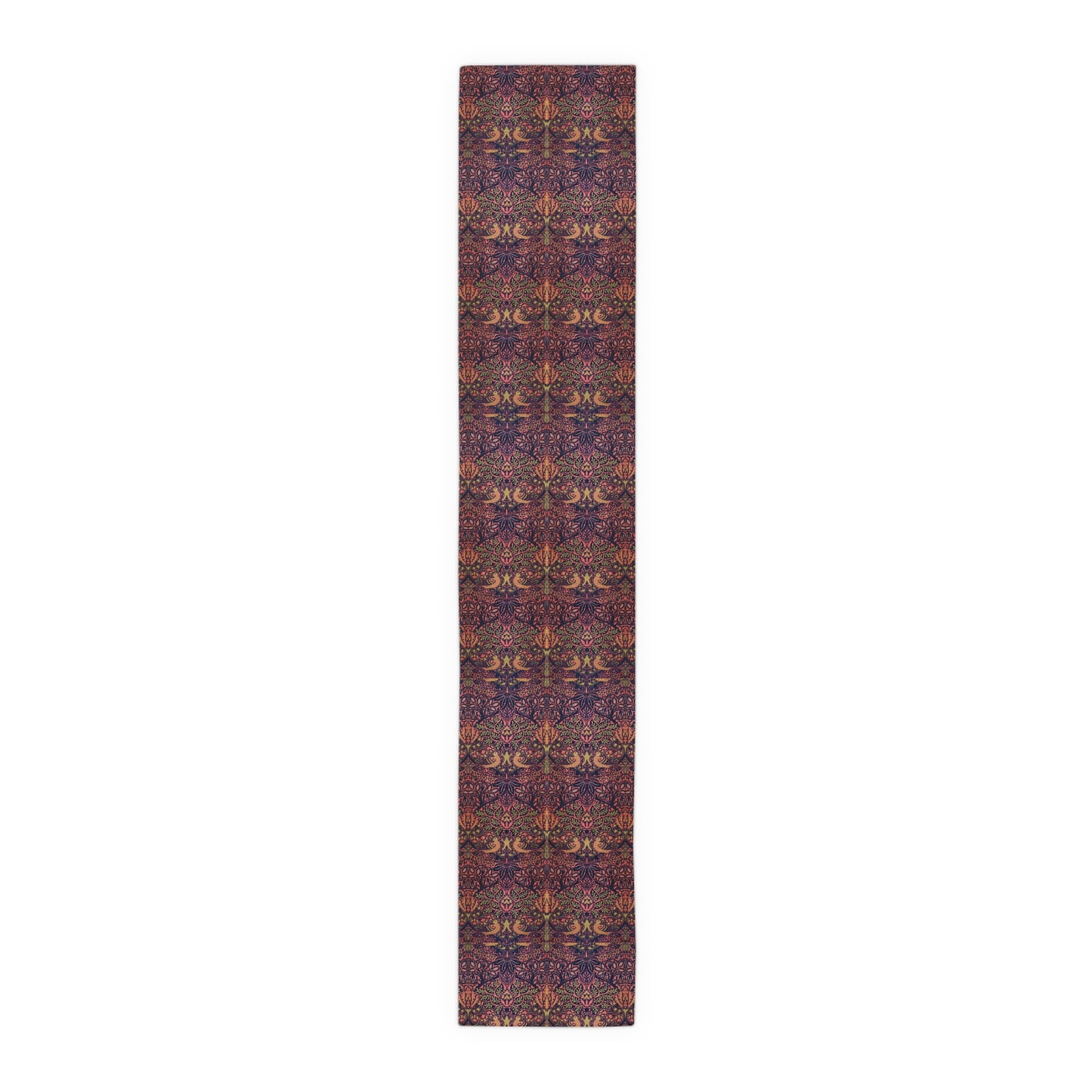 A multicolored table runner with a floral and William Morris & Co animal pattern displayed on a dining table.