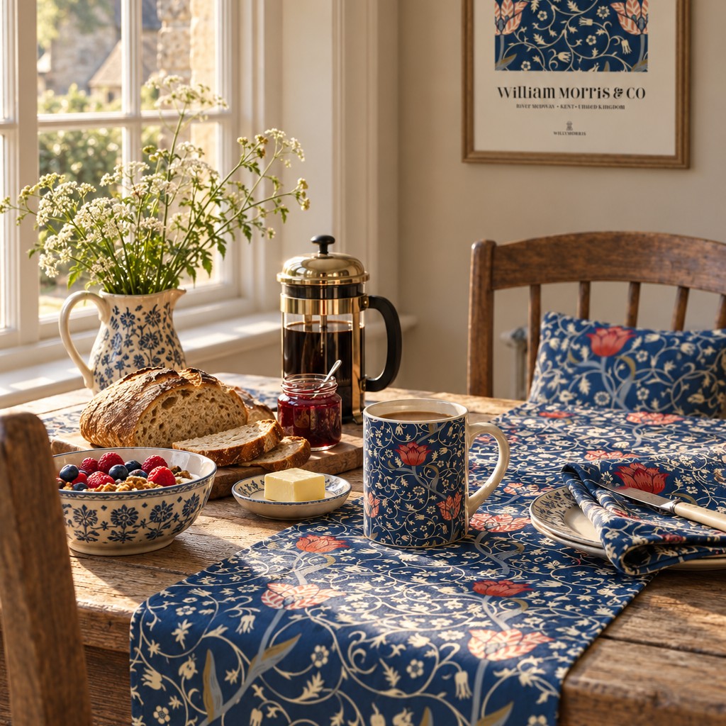 A styled breakfast table scene in a cozy room, featuring a blue floral tablecloth with a matching mug, plates, bread, fruit, jam, and a ceramic pitcher with white flowers. A framed William Morris print hangs on the wall in the background.