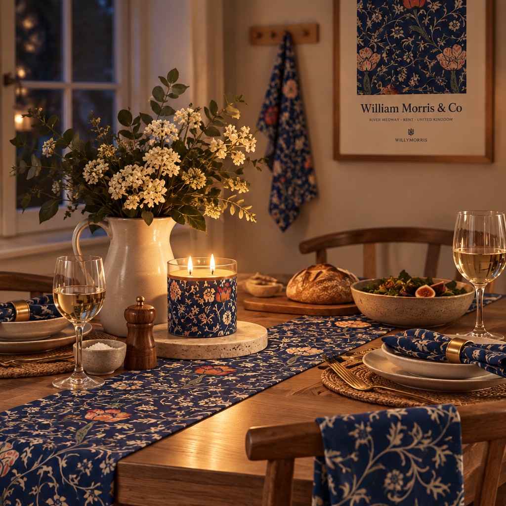 A styled dining table at night with a navy floral table runner, matching napkins, a lit floral candle, a white pitcher of flowers, bread, plates, and wine glasses. A framed William Morris & Co print hangs on the wall behind.
