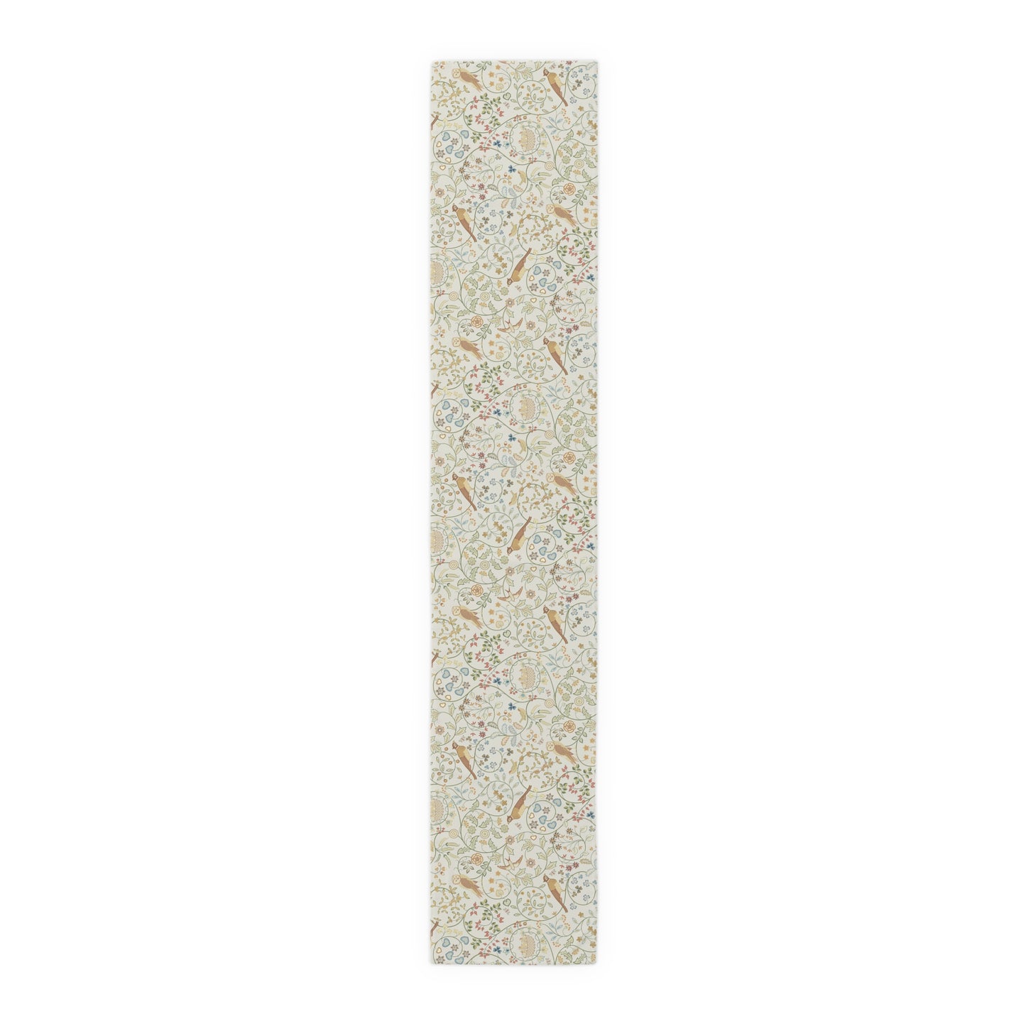 Long, narrow rug with a subtle pattern on a white background