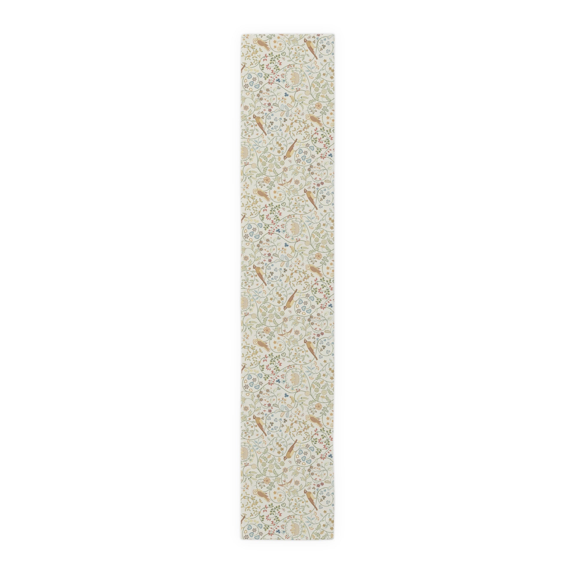 Long, narrow rug with a subtle pattern on a white background