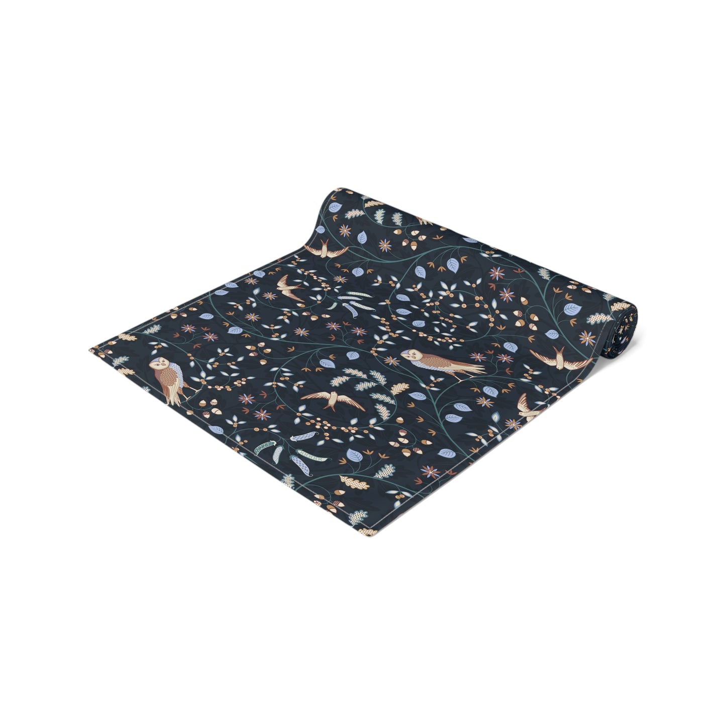 Rolled-up mat with nature-themed design on a white background