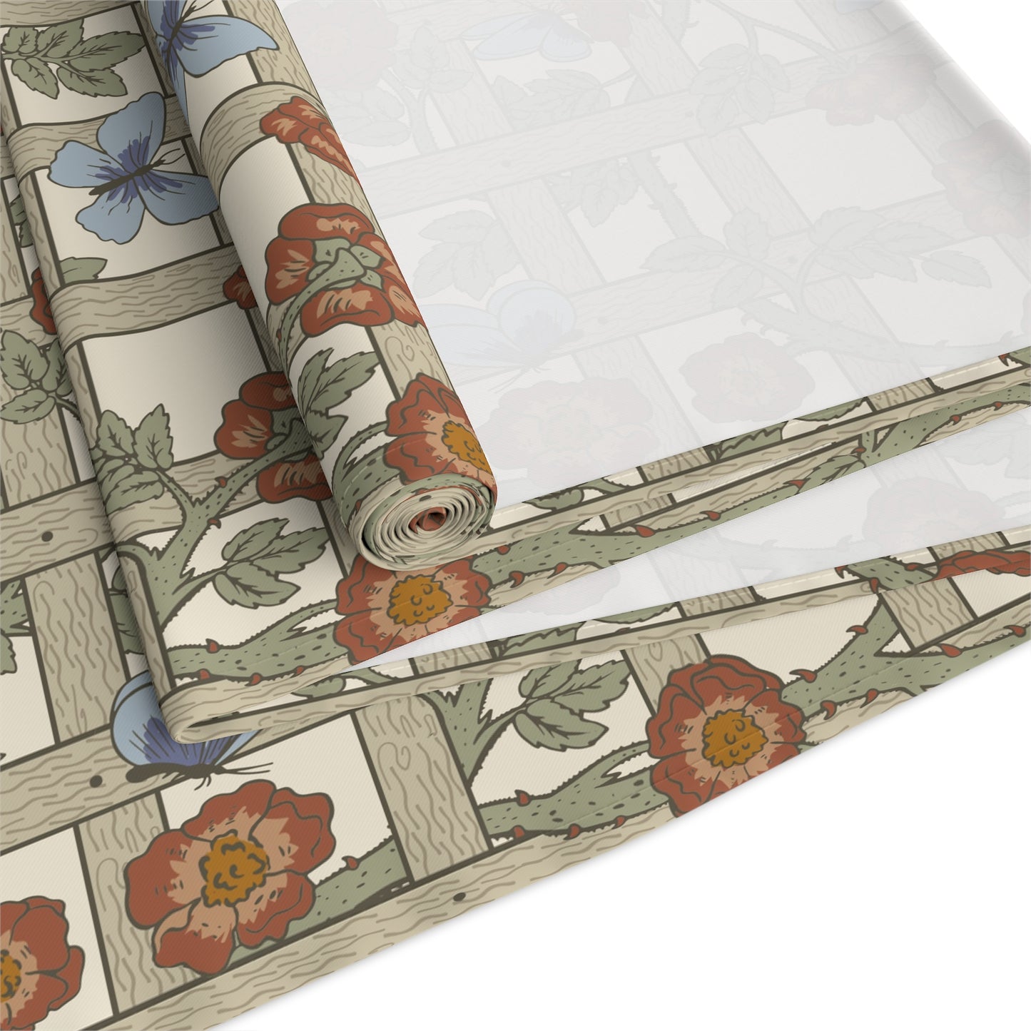 Roll of floral-patterned wallpaper with wooden lattice design on a white background