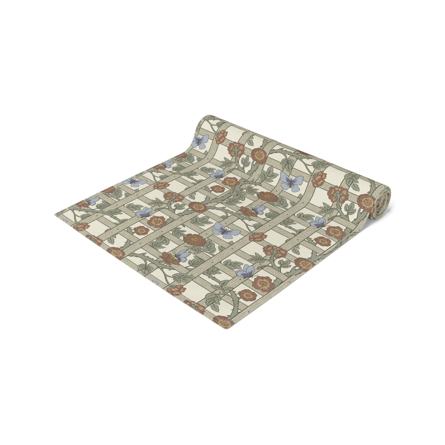 Roll of floral-patterned fabric on a white background