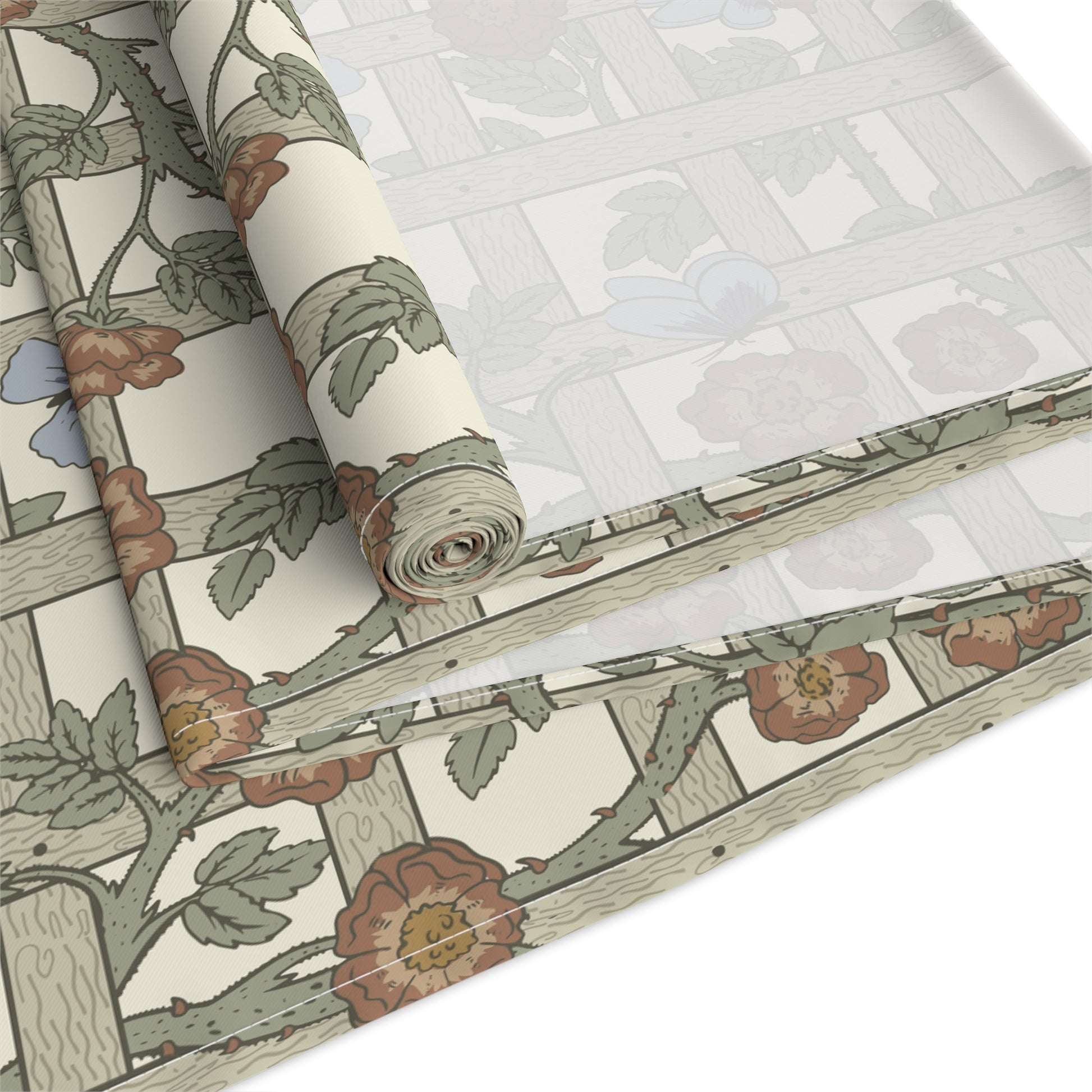 Roll of floral-patterned wallpaper with a wooden ladder on a white background