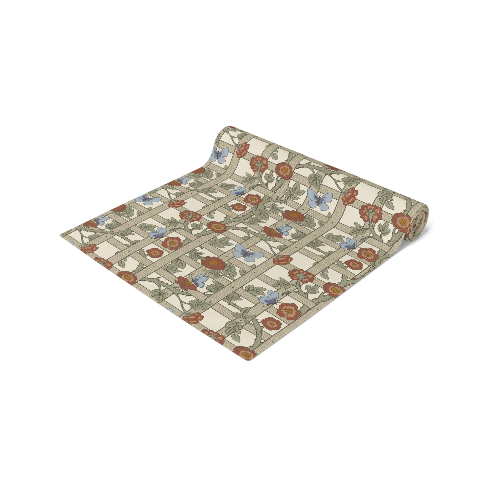 Roll of floral-patterned fabric on a white background