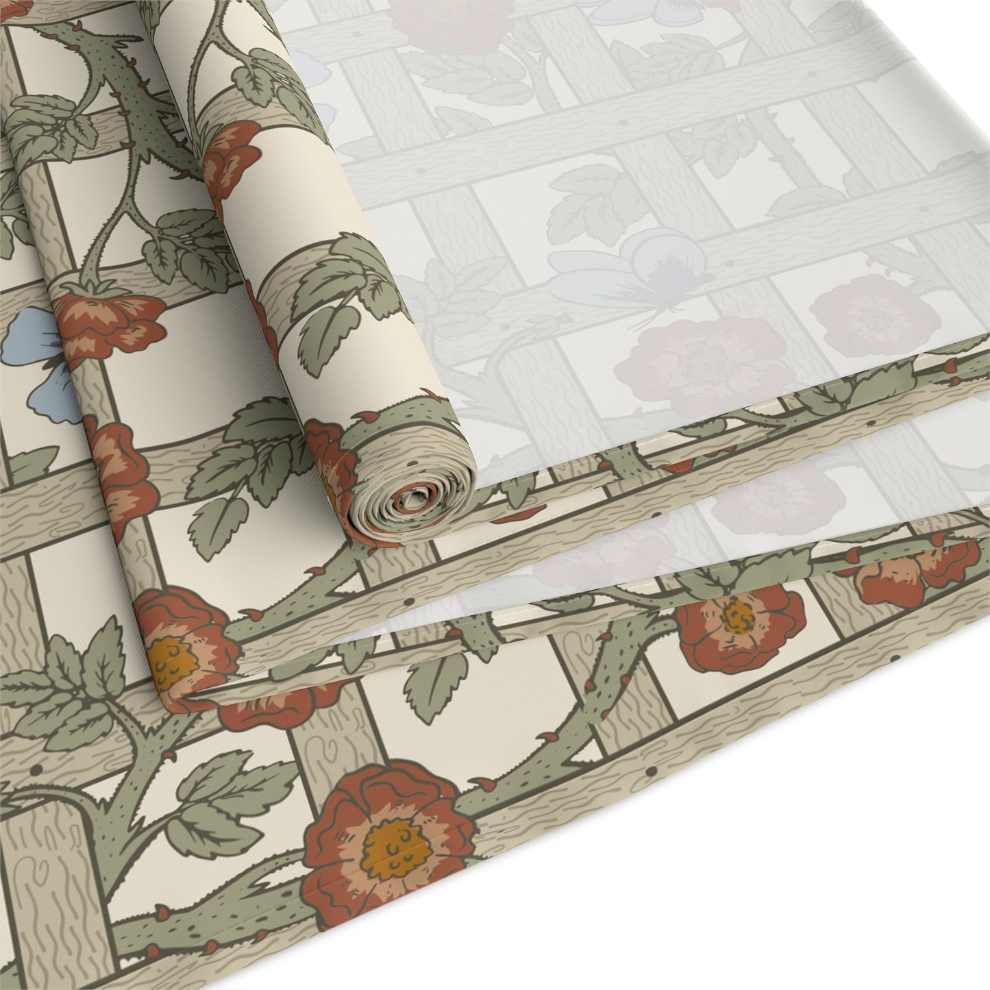 Roll of floral wallpaper with a lattice design on a white background