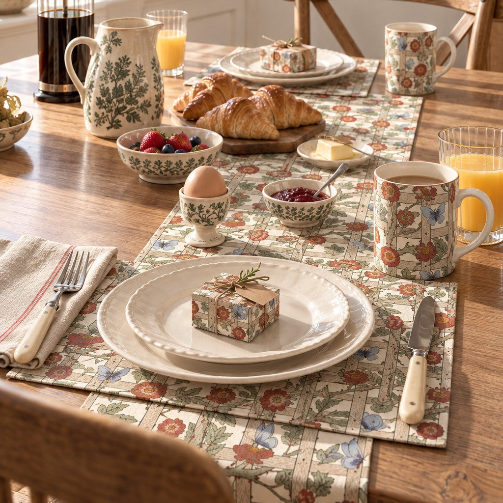 A breakfast table setting featuring a matching floral placemat, ceramic mug, pitcher, and bowls of food on a wooden dining table.