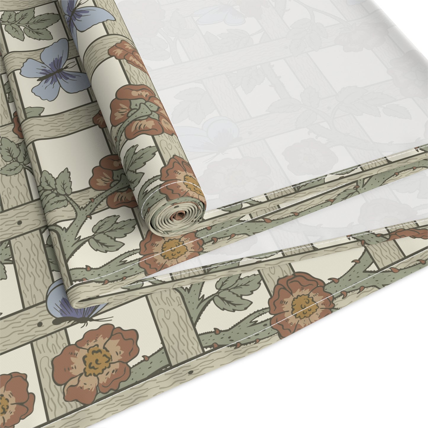 Roll of floral-patterned wallpaper with wooden lattice design on a white background