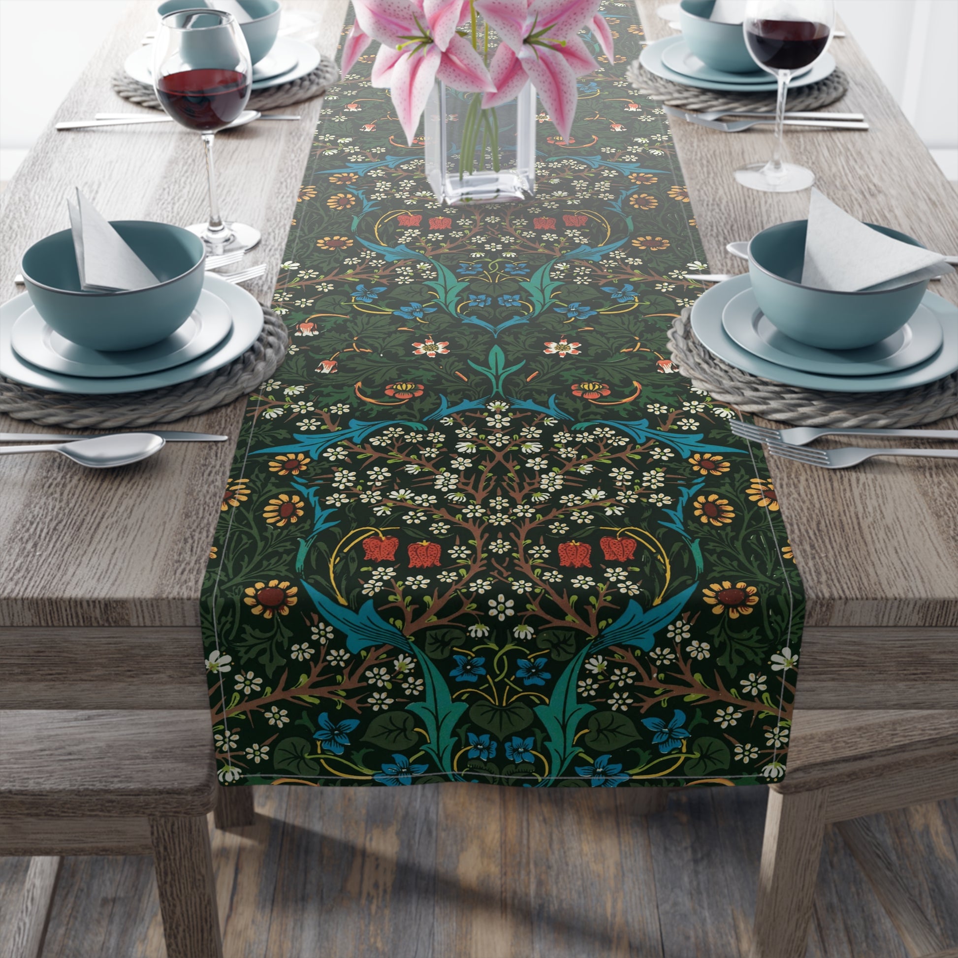 A floral patterned table runner inspired by William Morris, displayed on a dining table.