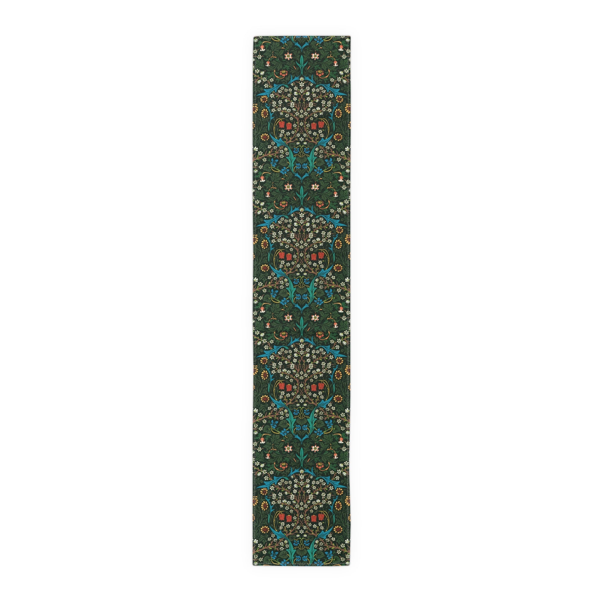 A floral patterned table runner inspired by William Morris, displayed on a dining table.