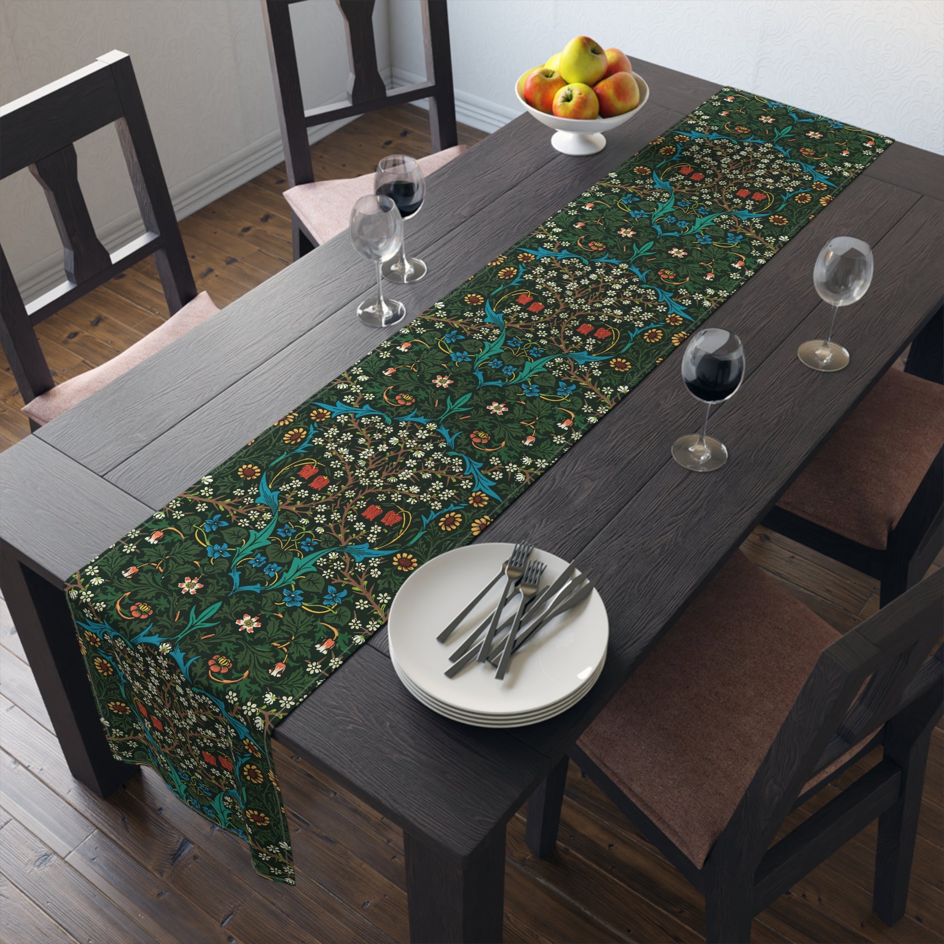 A floral patterned table runner inspired by William Morris, displayed on a dining table.