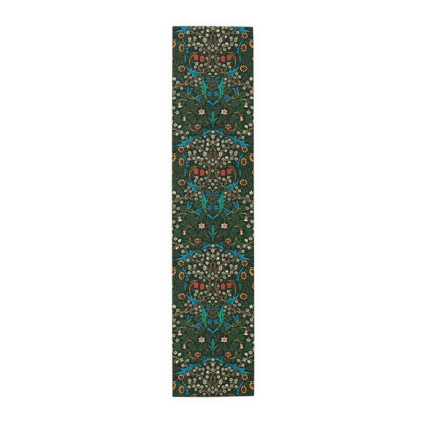 A floral patterned table runner inspired by William Morris, displayed on a dining table.
