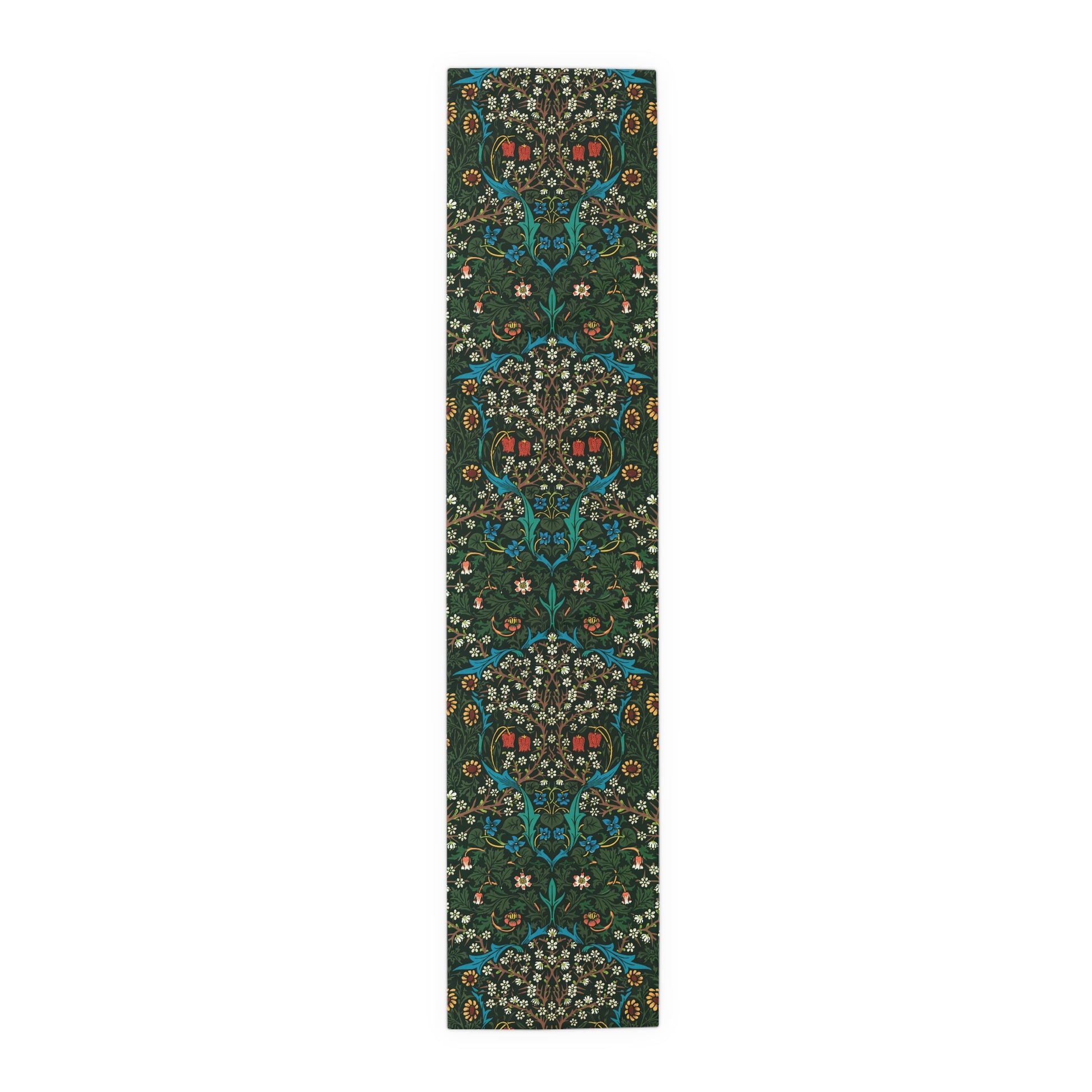 A floral patterned table runner inspired by William Morris, displayed on a dining table.