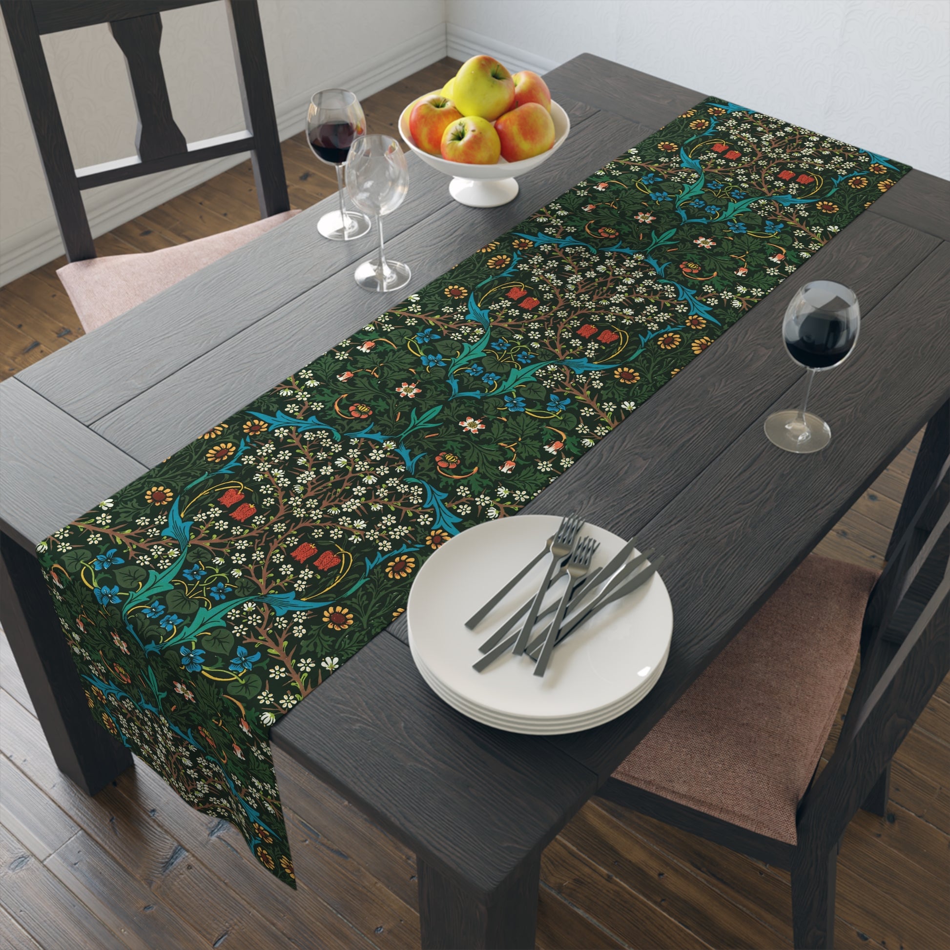 A floral patterned table runner inspired by William Morris, displayed on a dining table.
