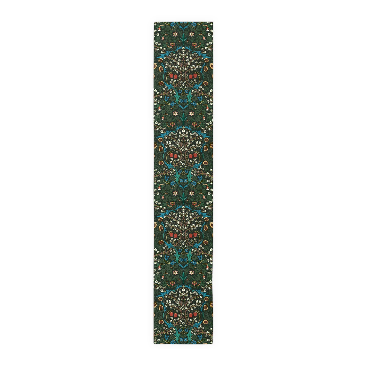 A floral patterned table runner inspired by William Morris, displayed on a dining table.