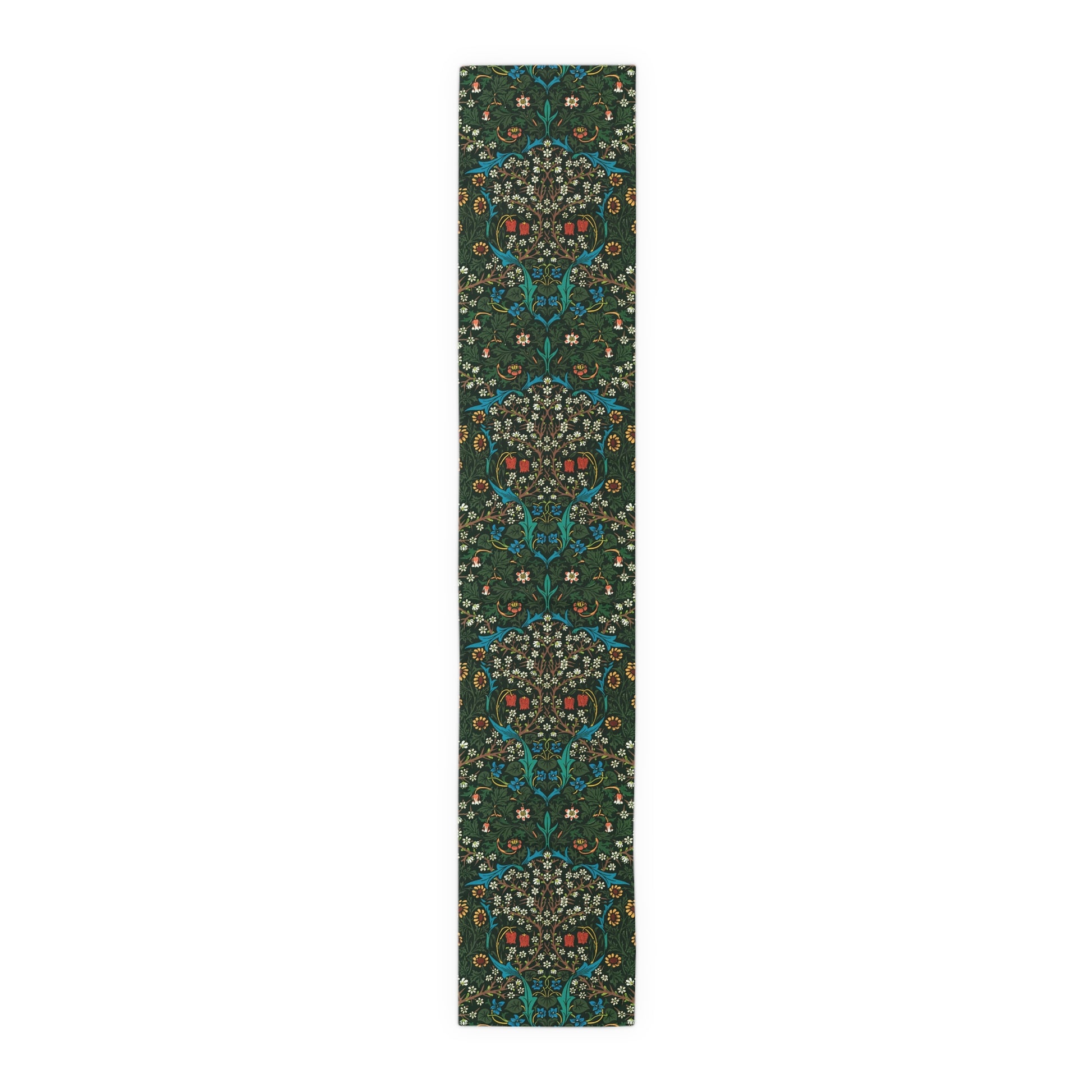 A floral patterned table runner inspired by William Morris, displayed on a dining table.