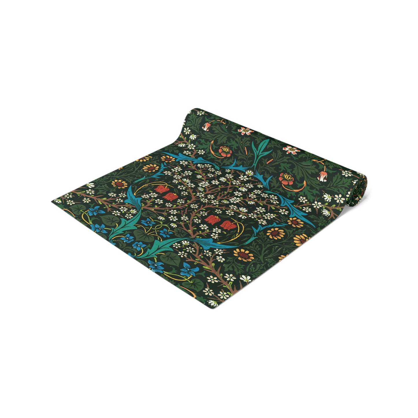 A floral patterned table runner inspired by William Morris, displayed on a dining table.