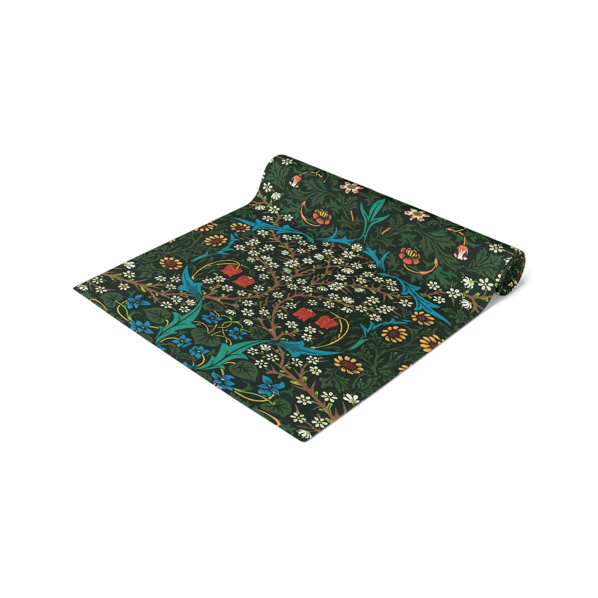 A floral patterned table runner inspired by William Morris, displayed on a dining table.