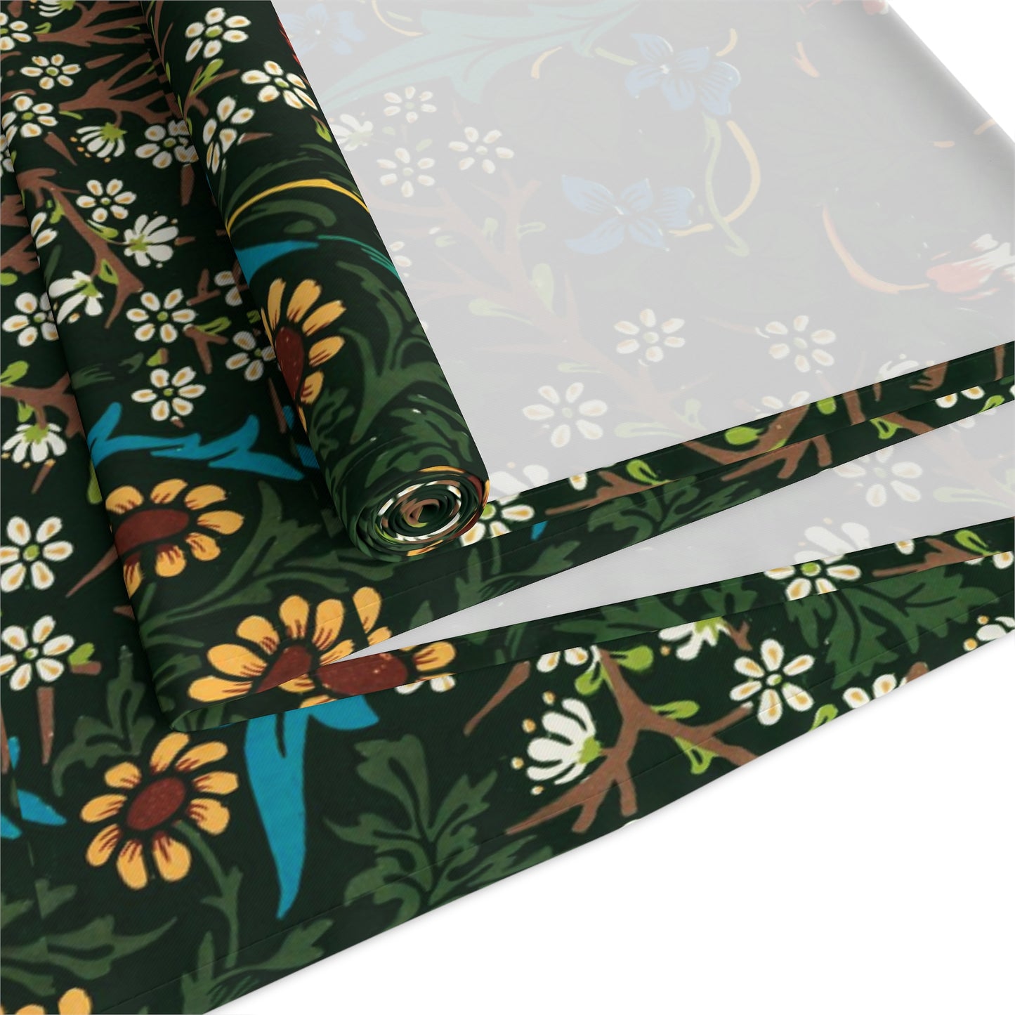 A floral patterned table runner inspired by William Morris, displayed on a dining table.
