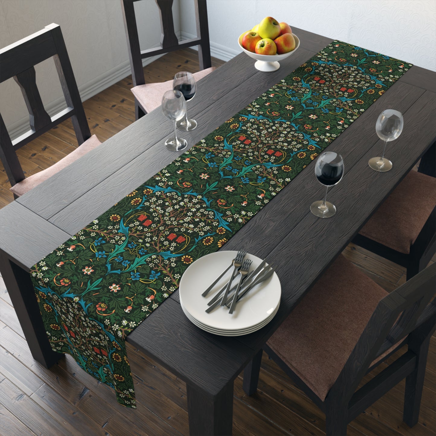 A floral patterned table runner inspired by William Morris, displayed on a dining table.