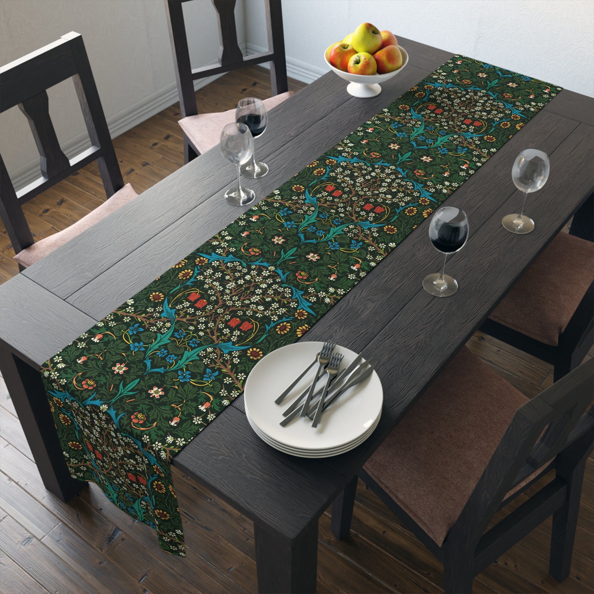 A floral patterned table runner inspired by William Morris, displayed on a dining table.