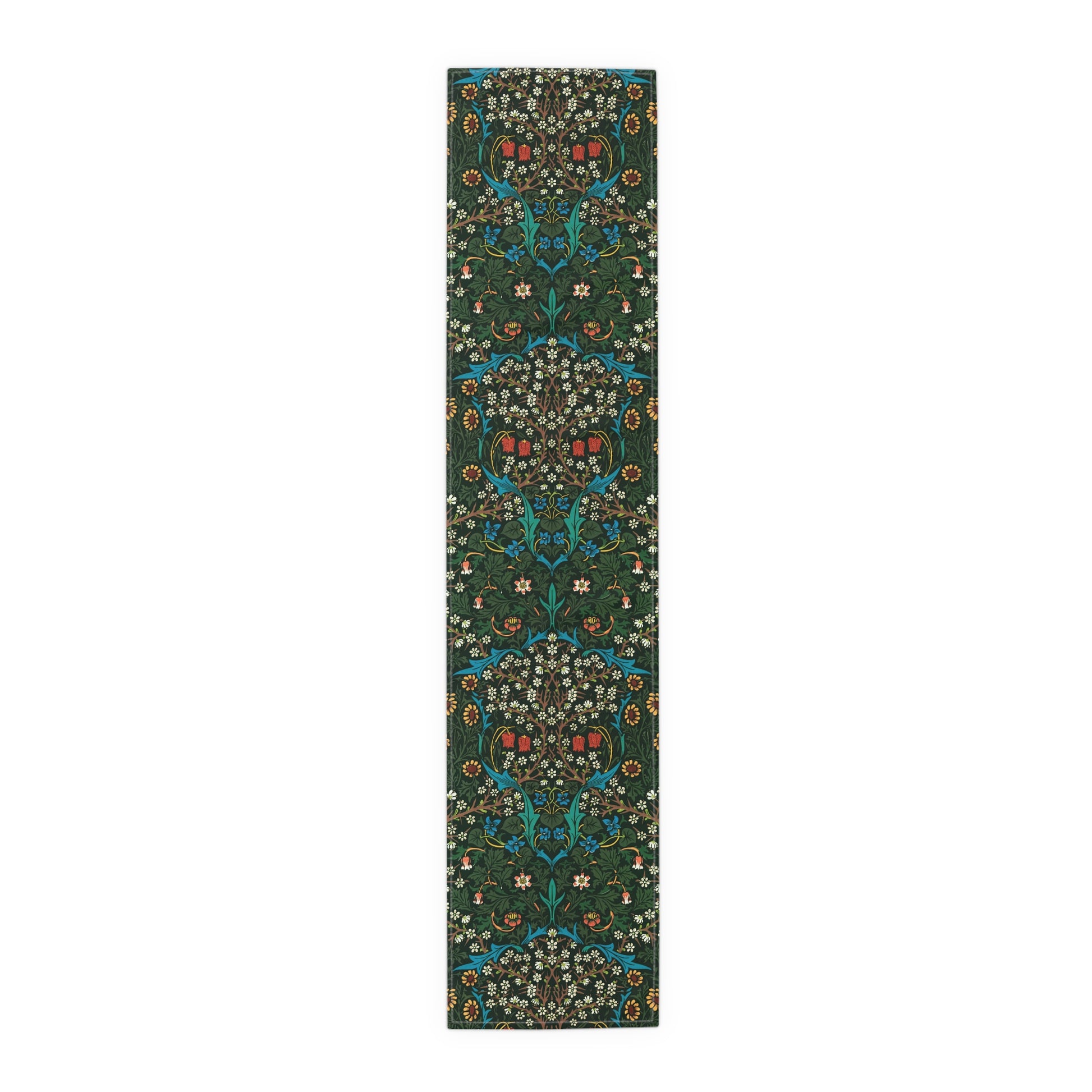 A floral patterned table runner inspired by William Morris, displayed on a dining table.