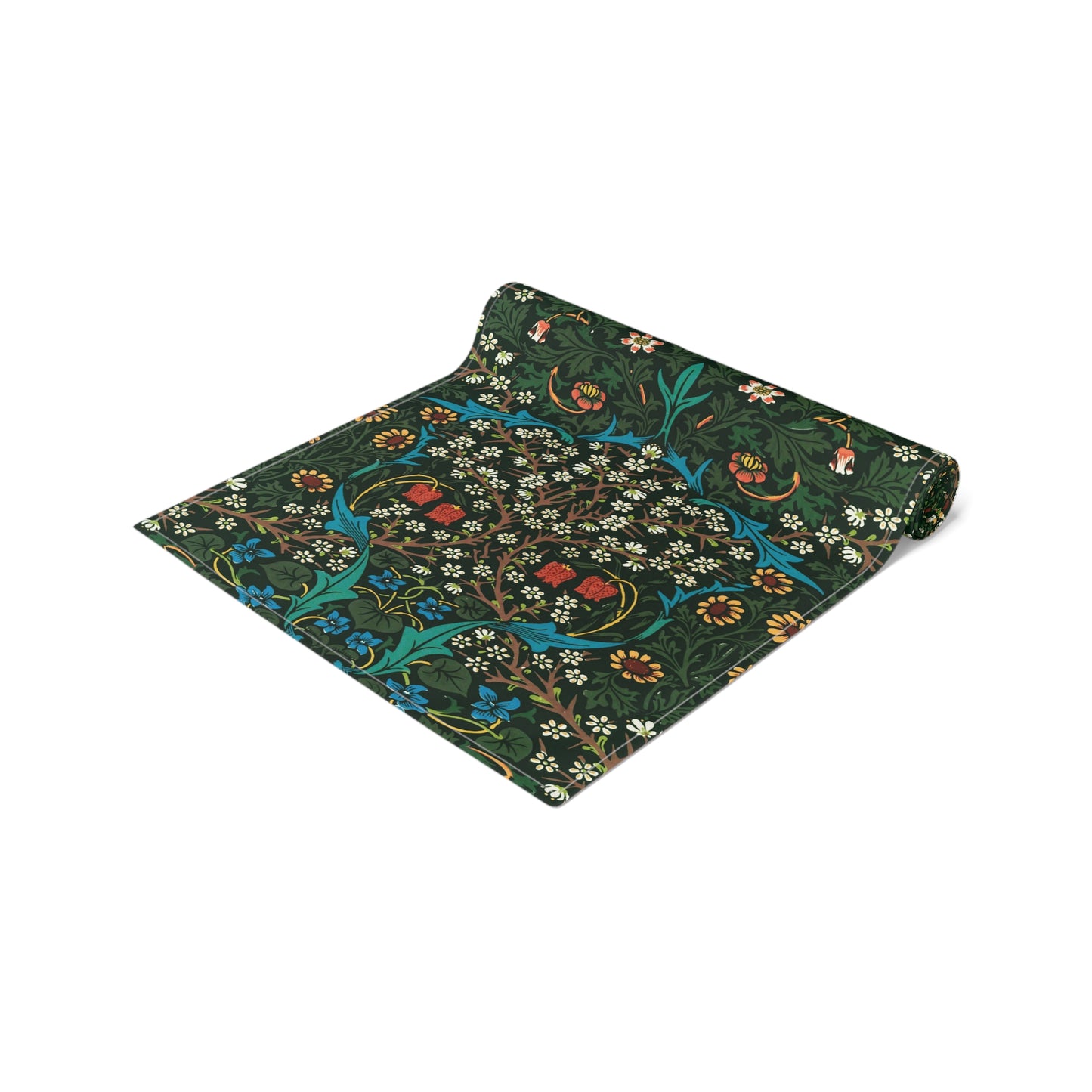 A floral patterned table runner inspired by William Morris, displayed on a dining table.