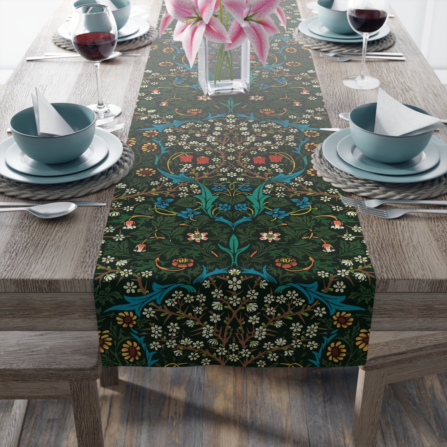 A floral patterned table runner inspired by William Morris, displayed on a dining table.