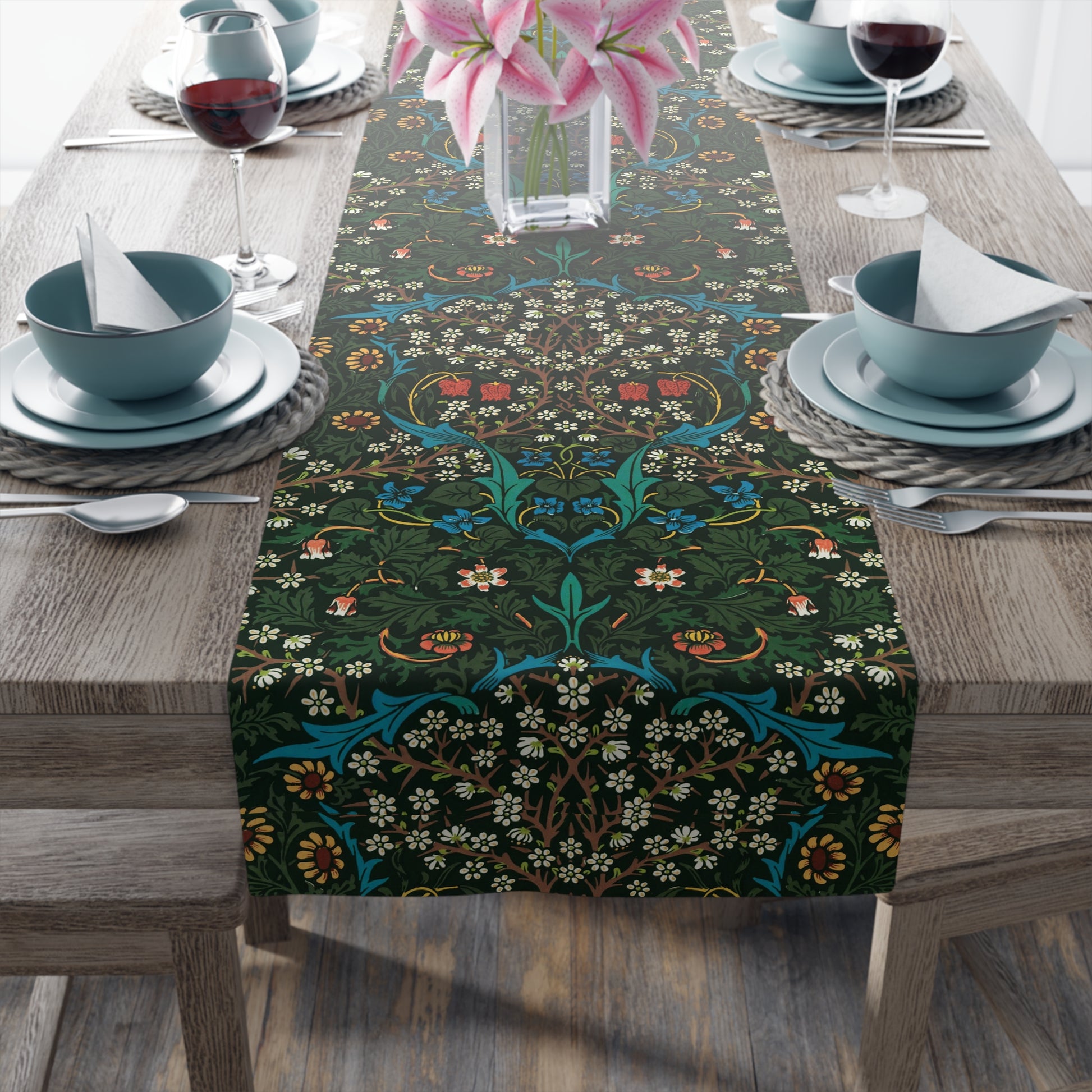 A floral patterned table runner inspired by William Morris, displayed on a dining table.