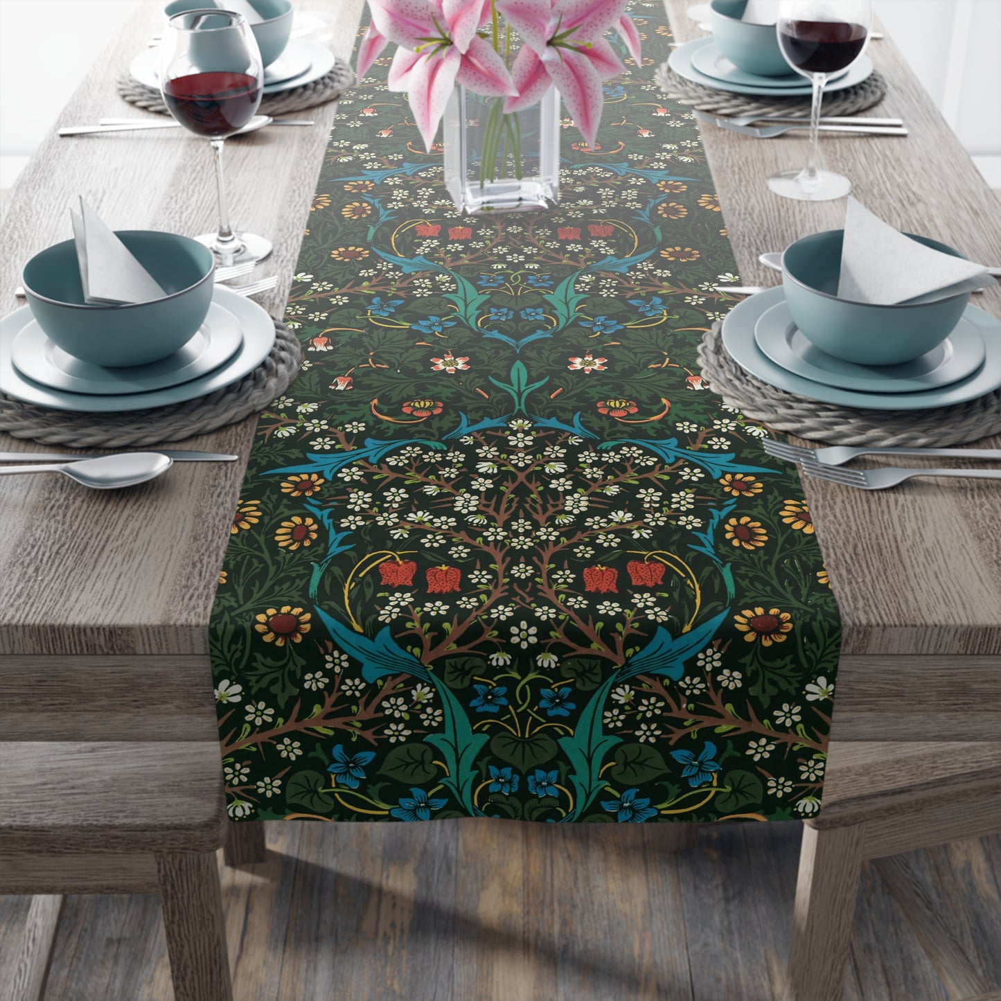 A floral patterned table runner inspired by William Morris, displayed on a dining table.