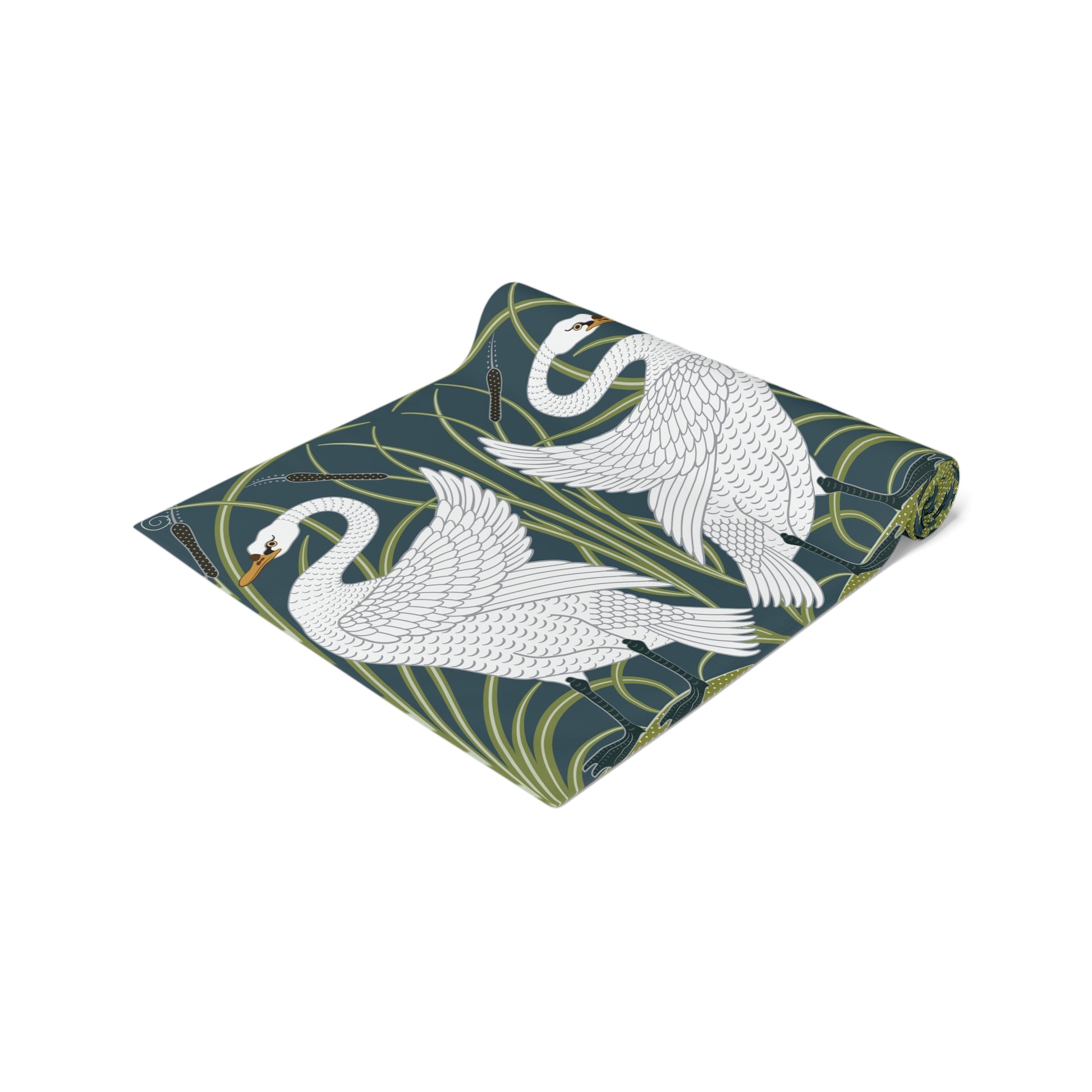 Folded fabric with swan design on a white background