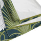 Close-up of a patterned fabric with green and blue design on a white background