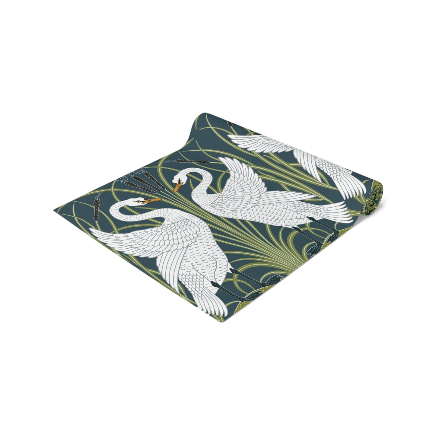 Folded fabric with swan design on a white background