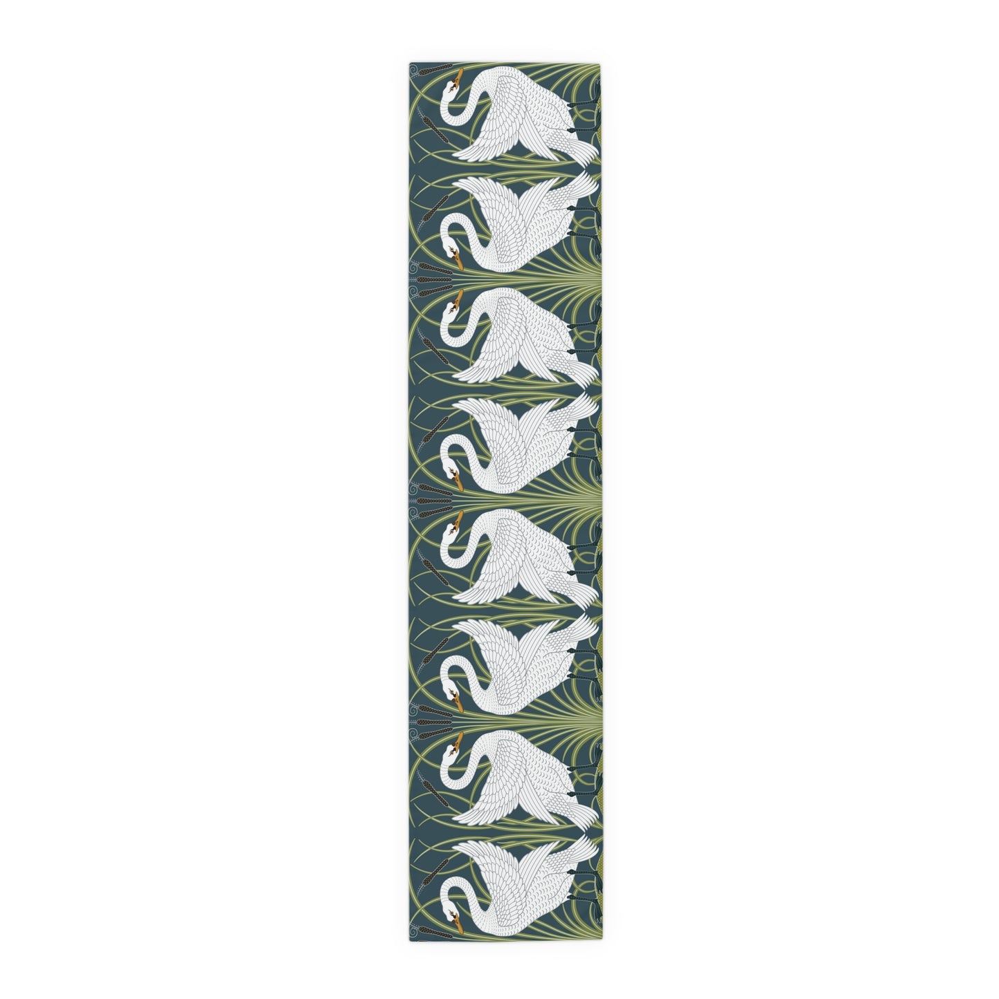 Decorative mat with white swan design on a green background
