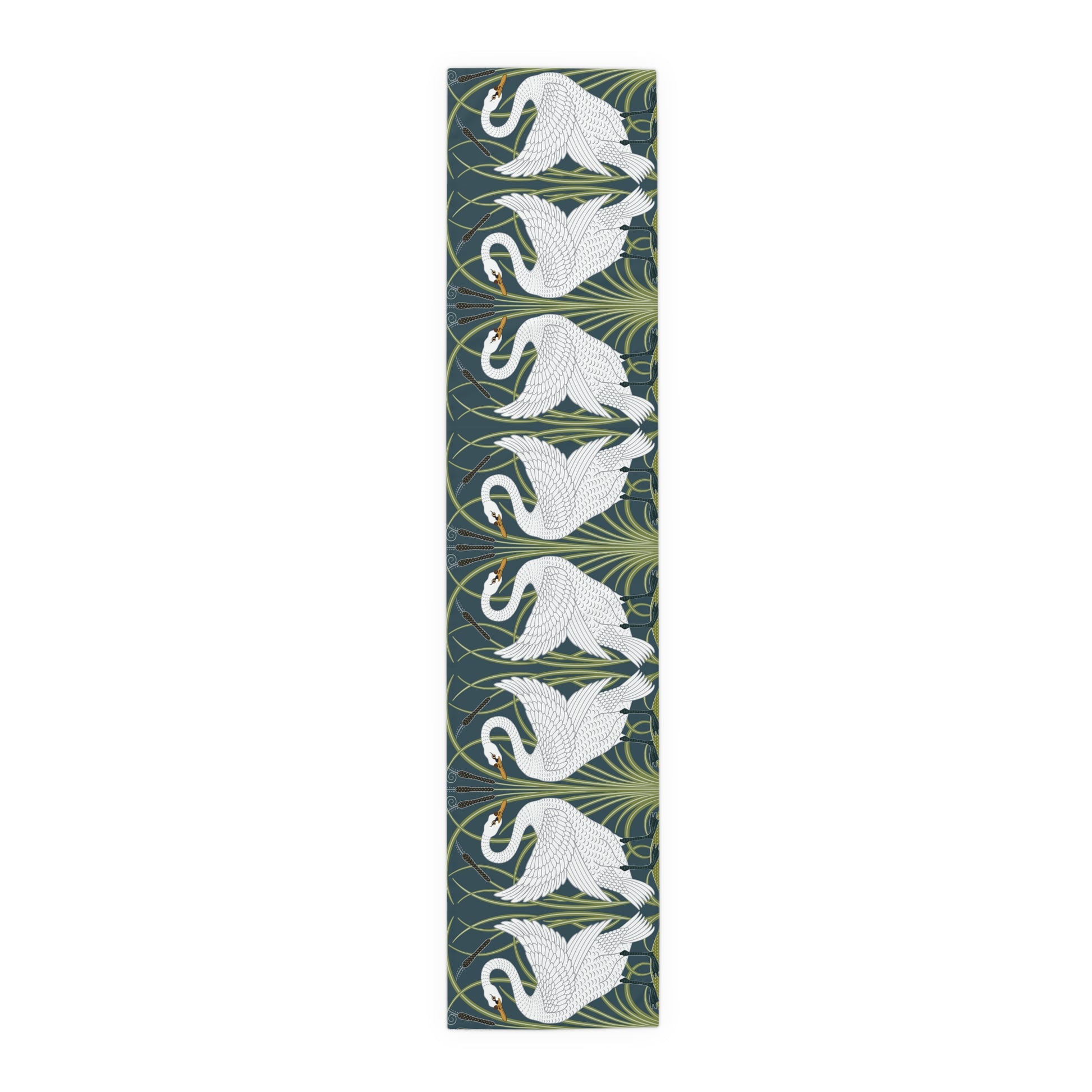 Decorative mat with white swan design on a green background