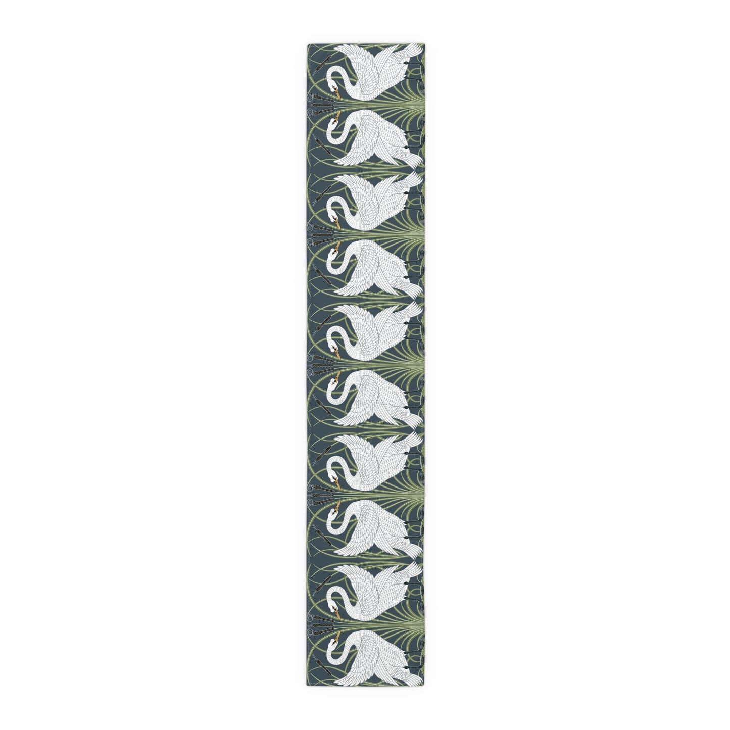 Long rectangular mat with swan and leaf pattern on a white background