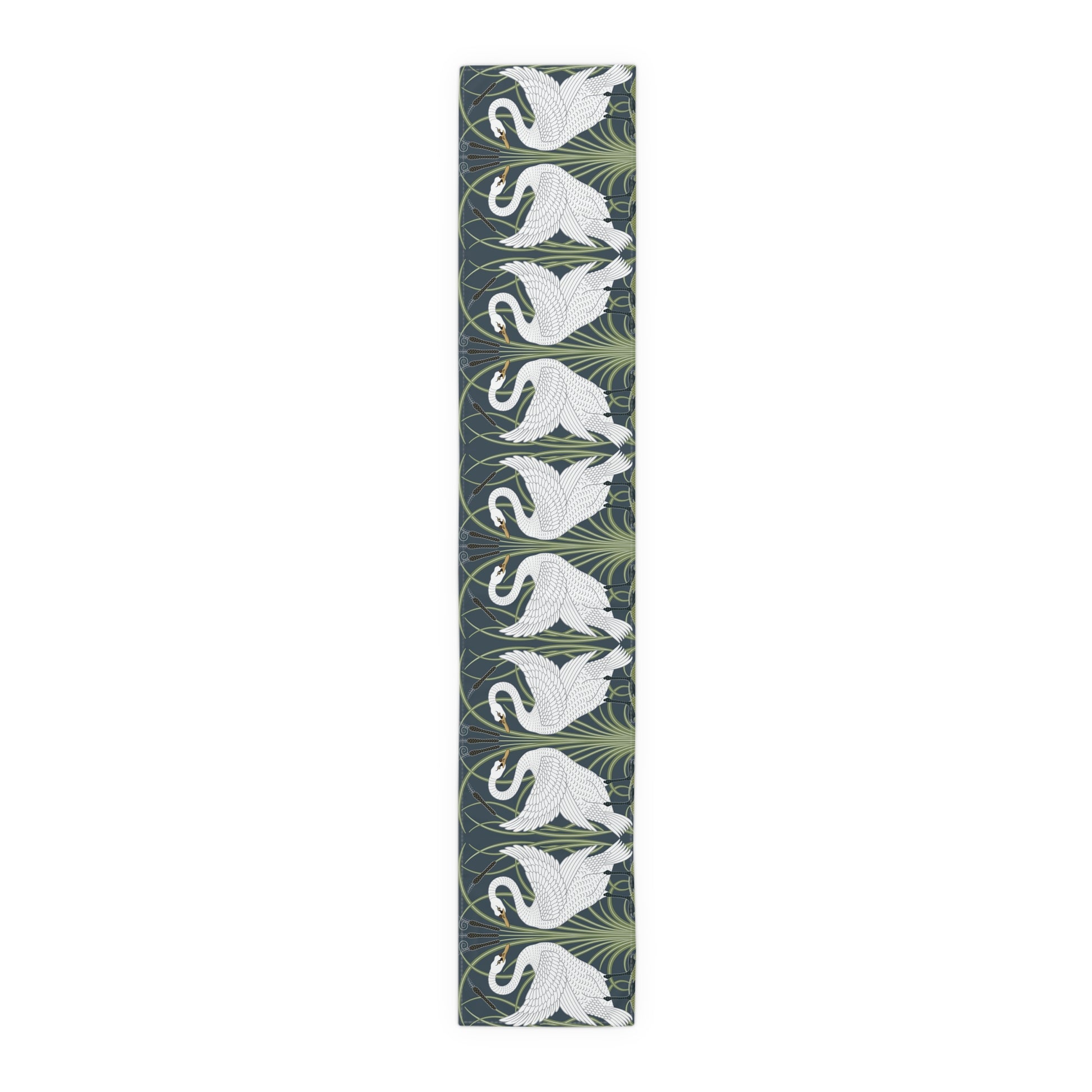 Long rectangular mat with swan and leaf pattern on a white background